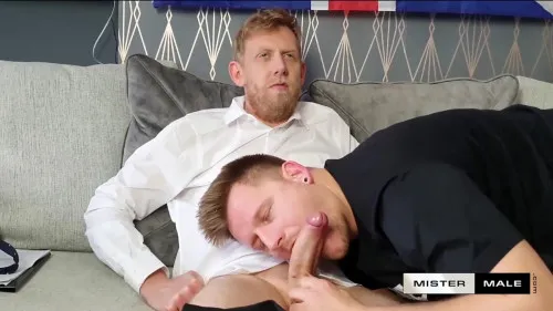 Bearded Daddy and young Bear fuck in front of straight porn